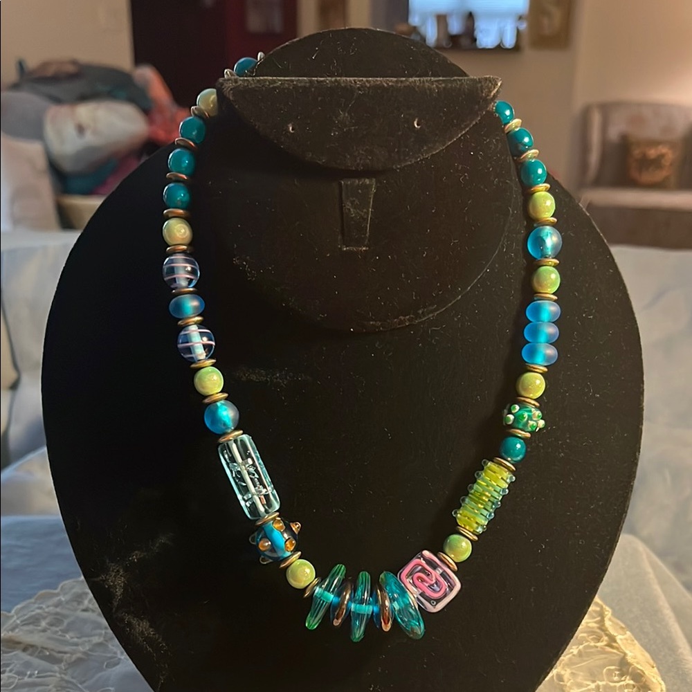Handmade by Me Beaded & Disc Necklace in Turquoise, Lime Green, & Pink
